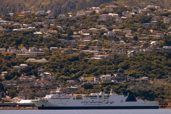 An Interislander ferry leaves Wellington harbor, New Zealand, on Tuesday, Jan. 7, 2025. (AP Photo/Charlotte Graham-McLay)