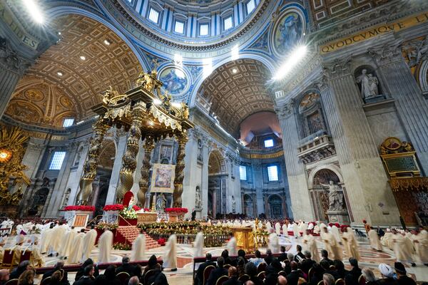 Pope Francis presides over a mass in St. Peter's Basilica at The Vatican on New Year's Day, Wednesday, Jan. 1, 2025. (AP Photo/Andrew Medichini)