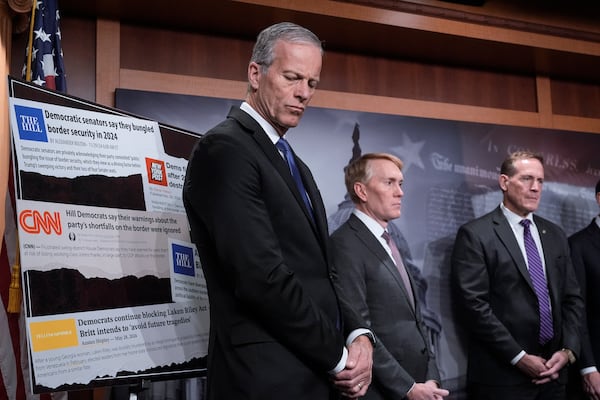 From left, Senate Majority Leader John Thune, R-S.D., Sen. James Lankford, R-Okla., and Sen. Ted Budd, R-N.C., talk to reporters about the Laken Riley Act, a bill to detain unauthorized immigrants who have been accused of certain crimes, at the Capitol in Washington, Thursday, Jan. 9, 2025. Georgia nursing student Laken Riley was killed last year by a Venezuelan man who entered the U.S. illegally and was allowed to stay to pursue his immigration case. (AP Photo/J. Scott Applewhite)