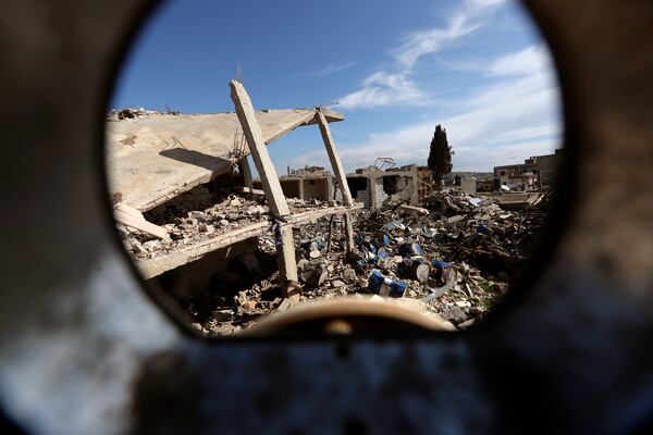 A view of the destruction caused by the Israeli air and ground offensive in Mays al-Jabal, southern Lebanon, Saturday, Jan. 25, 2025. (AP Photo/Mohammed Zaatari)