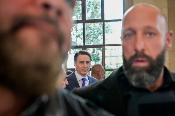 Amos Hochstein, center, a senior adviser to President Joe Biden, escorted by bodyguards as he leaves his meeting with Parliament Speaker Nabih Berri, in Beirut, Lebanon, Tuesday, Nov. 19, 2024. (AP Photo/Hassan Ammar)