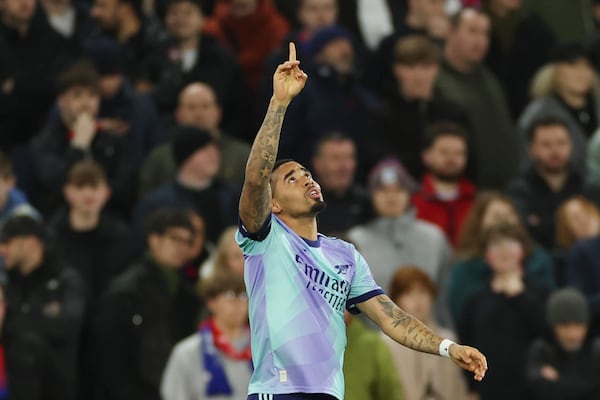 Arsenal's Gabriel Jesus celebrates after scoring his side's first goal during the English Premier League soccer match between Crystal Palace and Arsenal, at Selhurst Park, in Luton, England, Saturday, Dec. 21, 2024. (AP Photo/Ian Walton)