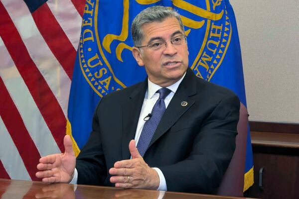 Secretary of the Department of Health and Human Services Xavier Becerra, speaks to The Associated Press, Wednesday, Jan. 8, 2024 in Washington. (AP Photo/Nathan Ellgren)