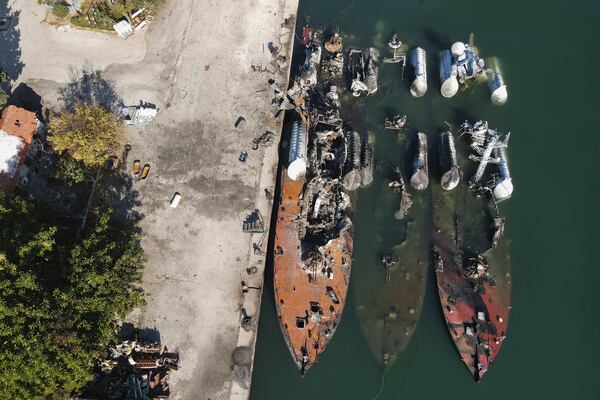 Syrian naval vessels are seen destroyed by an Israeli airstrike last week in the port of Latakia, Syria, Saturday, Dec. 14, 2024. (AP Photo/Omar Albam)