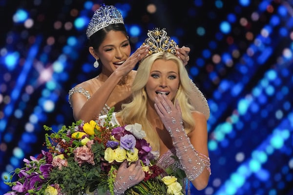 Miss Denmark Victoria Kjær Theilvig receives the crown after winning the 73rd Miss Universe Beauty Pageant in Mexico City, Saturday, Nov. 16, 2024. (AP Photo/Fernando Llano)