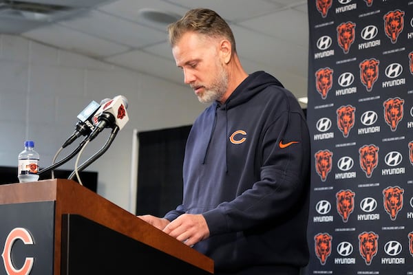 Chicago Bears head coach Matt Eberflus looks down as he talks to reporters during a news conference after an NFL football game against the Green Bay Packers in Chicago, Sunday, Nov. 17, 2024. (AP Photo/Nam Y. Huh)