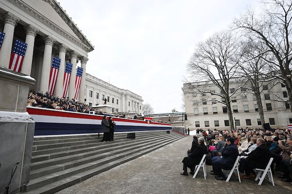 West Virginia Governor Patrick Morrisey speaks following his swearing in at the state capitol in Charleston, W.Va., on Monday, Jan. 13, 2025. (AP Photo/Chris Jackson)