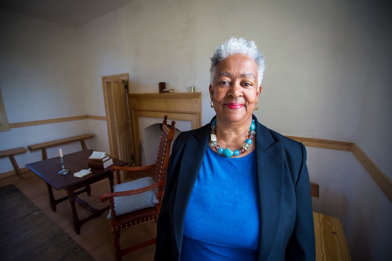 Janice Canaday, Colonial Williamsburg Foundations African American community engagement manager, in the classroom of the Williamsburg Bray School on Wednesday, Oct 30, 2024 in Williamsburg, Va. (AP Photo/John C. Clark)