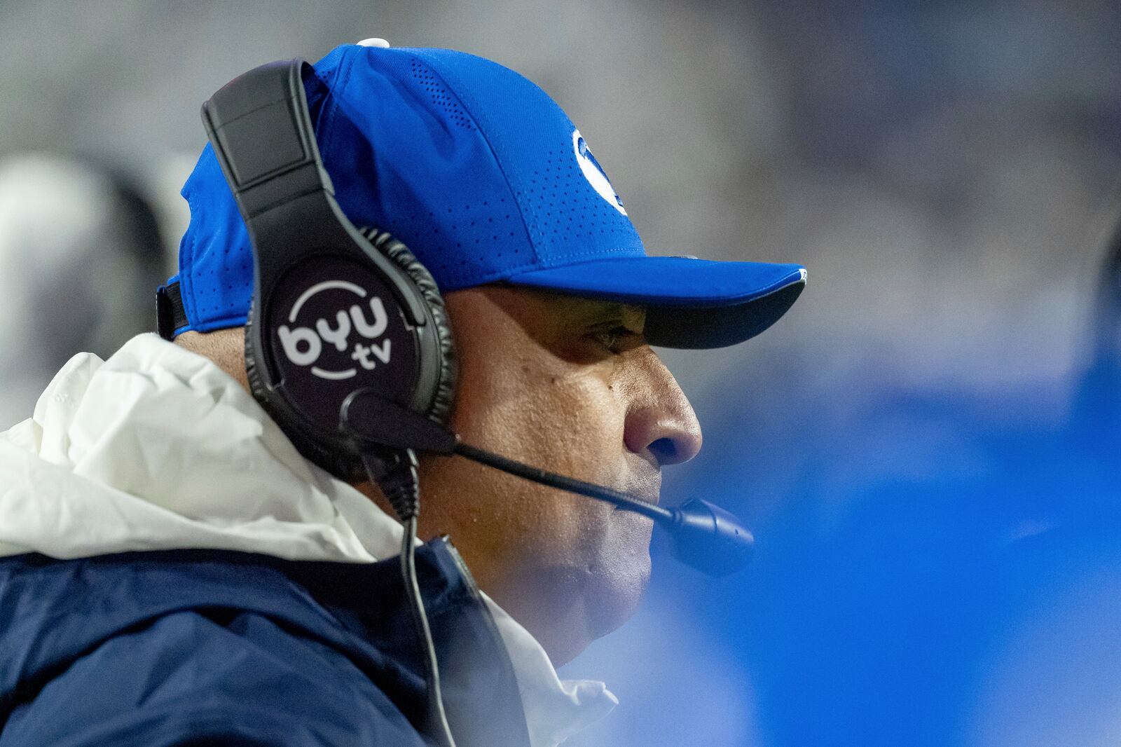 BYU head coach Kalani Sitake looks on in the second half of an NCAA college football game against Oklahoma State, Friday, Oct. 18, 2024, in Provo, Utah. (AP Photo/Spenser Heaps)