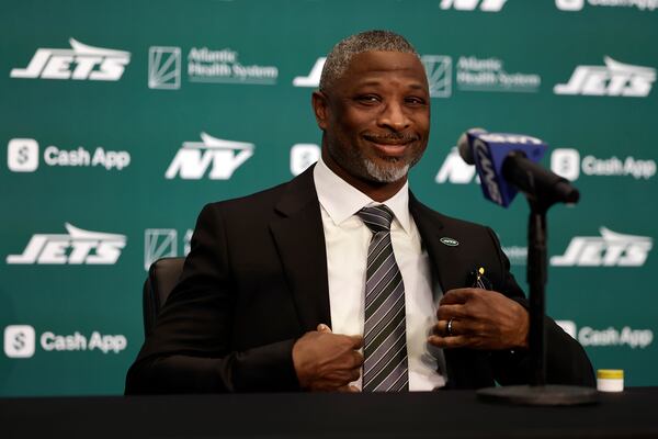 The New York Jets introduce new head coach Aaron Glenn during a press conference at the NFL football team's training facility on Monday, Jan. 27, 2025, in Florham Park, N.J. (AP Photo/Adam Hunger)