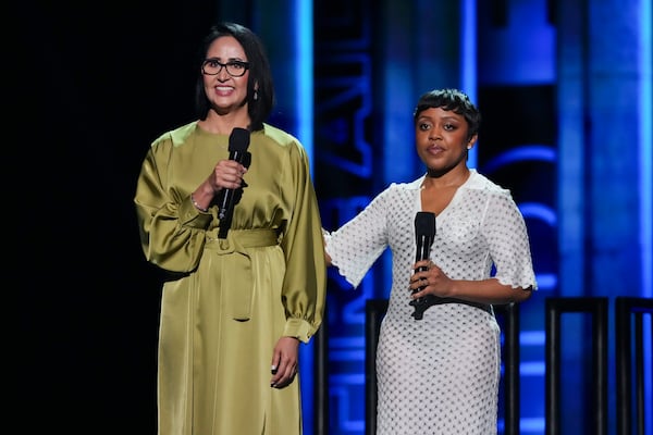 Aurora Barboza Flores, left, and Quinta Brunson speak during the FireAid benefit concert on Thursday, Jan. 30, 2025, at Intuit Dome in Inglewood, Calif. (Photo by Jordan Strauss/Invision/AP)