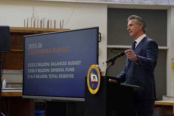 California Gov. Gavin Newsom delivers a briefing of his proposed 2025-26 state budget at California State University, Stanislaus, in Turlock, Calif., Monday, Jan. 6, 2025, (AP Photo/Rich Pedroncelli).