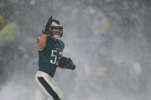 Philadelphia Eagles linebacker Zack Baun celebrates after recovering a fumble by Los Angeles Rams quarterback Matthew Stafford during the second half of an NFL football NFC divisional playoff game Sunday, Jan. 19, 2025, in Philadelphia. (AP Photo/Matt Slocum)