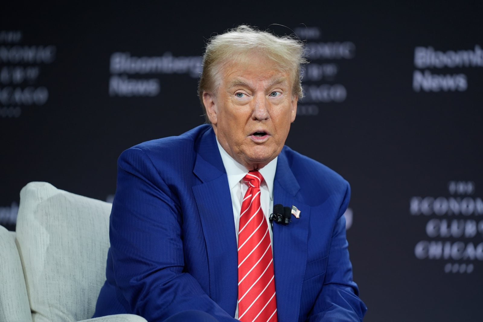 Republican presidential nominee former President Donald Trump speaks during an interview with Bloomberg News Editor-in-Chief John Micklethwait during an event with the Economic Club of Chicago, Tuesday, Oct. 15, 2024, in Chicago. (AP Photo/Evan Vucci)