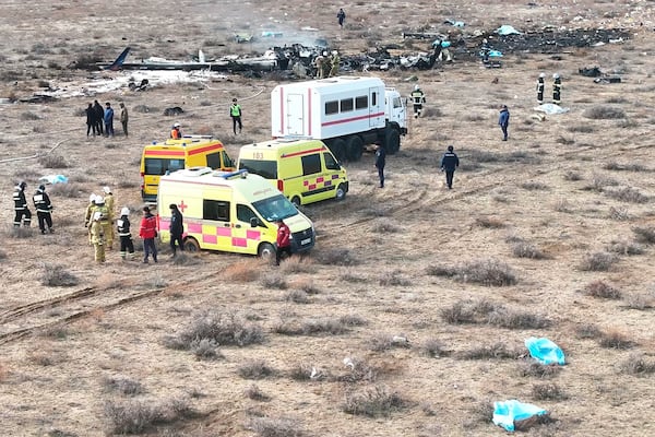 The wreckage of Azerbaijan Airlines Embraer 190 lays on the ground near the airport of Aktau, Kazakhstan, Wednesday, Dec. 25, 2024. (AP Photo)