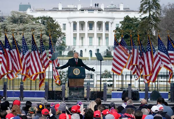 FILE - With the White House in the background, President Donald Trump speaks at a rally, Jan. 6, 2021, in Washington. (AP Photo/Jacquelyn Martin, File)