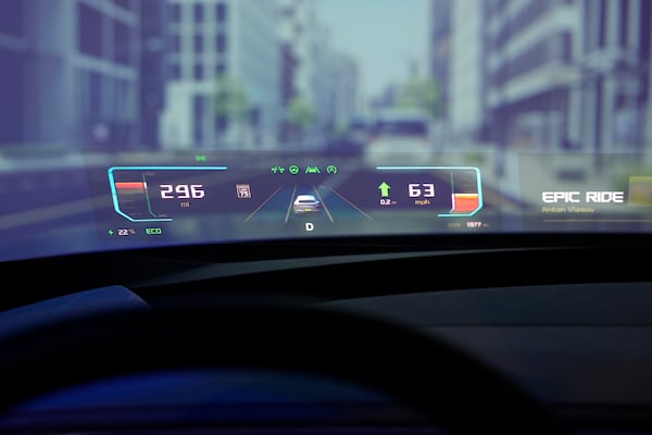 A Holographic Windshield display is projected on the windshield of a car at the Hyundai Mobis booth during the CES tech show Tuesday, Jan. 7, 2025, in Las Vegas. (AP Photo/John Locher)