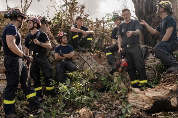 French civil security officers cut trees to open a road for heavy vehicles from Mayotte water authorities to repair water pipes in Mirereni, Mayotte, Friday, Dec. 20, 2024. (AP Photo/Adrienne Surprenant)