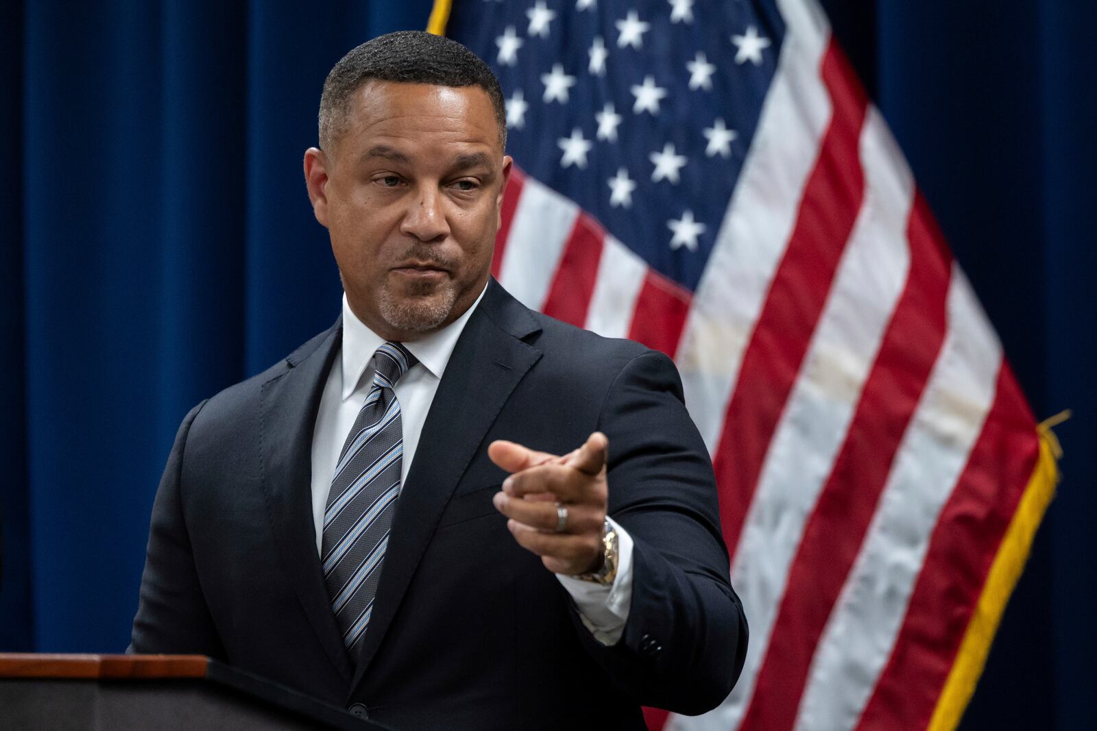 United States Attorney for the Eastern District of New York Breon Peace speaks during a press conference regarding the arrests of former Abercrombie & Fitch CEO Mike Jeffries and his partners as part of sex trafficking investigation at the U.S. Attorney's Office, Tuesday, Oct. 22, 2024, in New York. (AP Photo/Yuki Iwamura)