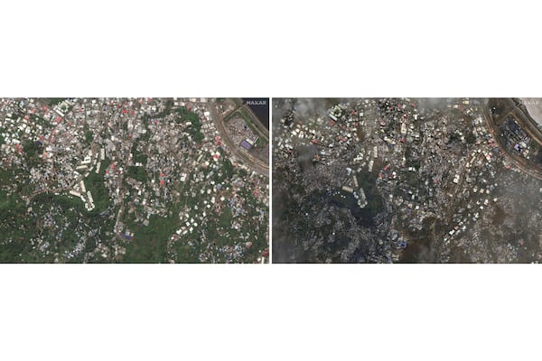 This combination of before and after images released by Maxar Technologies shows damage of Mamoudzou on the French Territory of Mayotte in the Indian Ocean after Cyclone Chido, Dec. 16, 2024. (Maxar Technologies via AP)