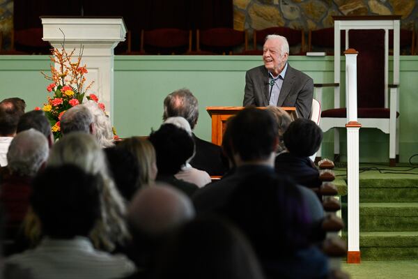 FILE - Former U.S. President Jimmy Carter teaches Sunday school at Maranatha Baptist Church, Nov. 3, 2019, in Plains, Ga. (AP Photo/John Amis, File)