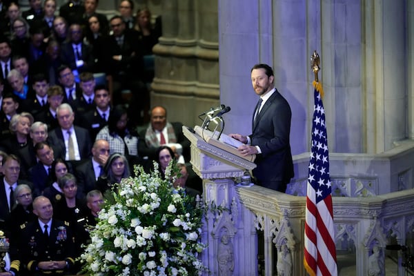 Grandson Jason Carter, speaks during the state funeral for former President Jimmy Carter at Washington National Cathedral in Washington, Thursday, Jan. 9, 2025. (AP Photo/Ben Curtis)