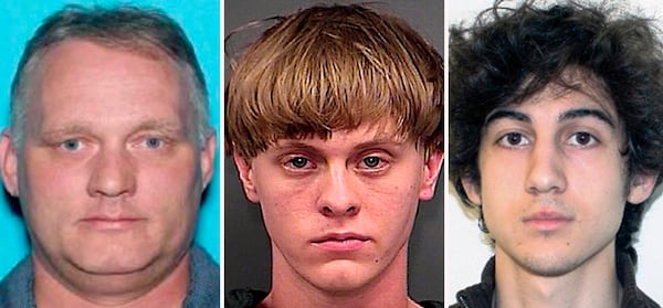 FILE - This combination photo shows federal death row inmates Robert Bowers, from left, the gunman who massacred 11 worshippers at a Pittsburgh synagogue in 2018, Dylann Roof, who committed racist slayings of nine members of a Black South Carolina congregation, and Dzhokhar Tsarnaev, convicted for carrying out the April 15, 2013, Boston Marathon bombing attack. (Pennsylvania Department of Transportation, from left, Charleston County Sheriff's Office, FBI via AP, File)