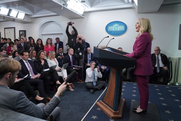 White House press secretary Karoline Leavitt speaks during a briefing at the White House, Tuesday, Jan. 28, 2025, in Washington. (AP Photo/Evan Vucci)