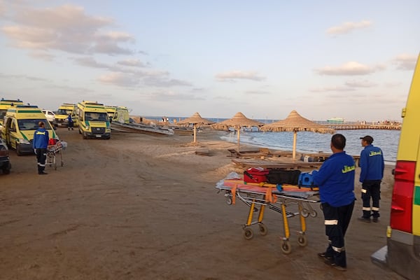 Rescuers wait on the beach of Marsa Alam, Egypt, Monday, Nov. 25, 2024 after a tourist yacht sank in the Red Sea following warnings about rough seas. (AP Photo)