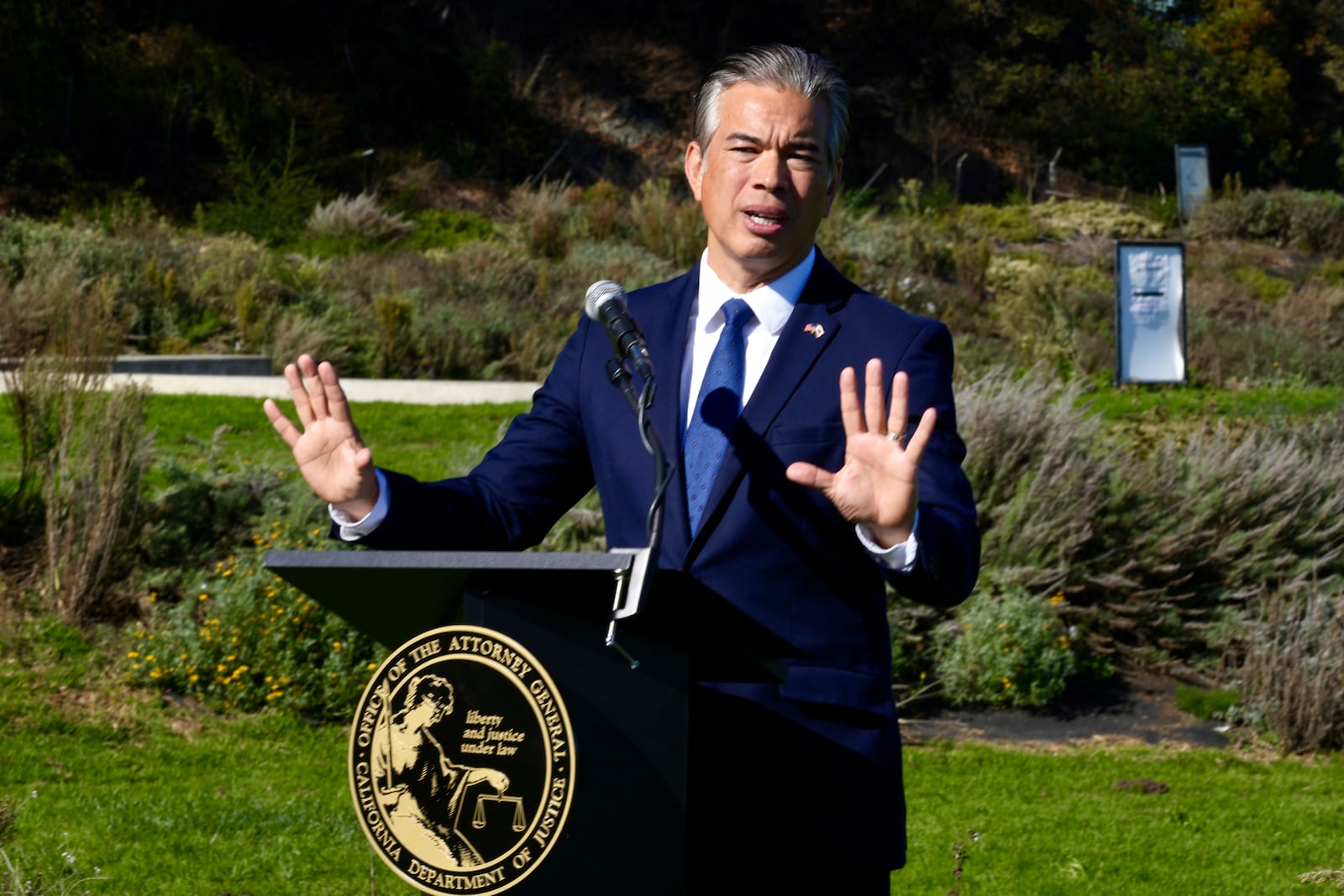 California Attorney General Rob Bonta speaks at a news conference in San Francisco on Thursday, Nov. 7, 2024. (AP Photo/Terry Chea)