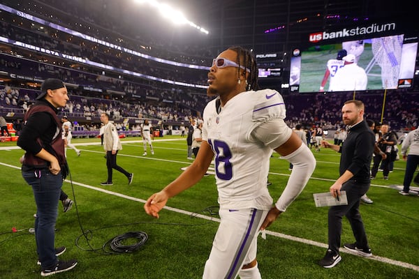 Minnesota Vikings wide receiver Justin Jefferson walks off the field after an NFL football game against the Chicago Bears, Monday, Dec. 16, 2024, in Minneapolis. (AP Photo/Bruce Kluckhohn)