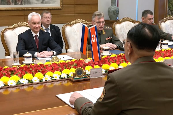 In this photo taken from a video released by Russian Defense Ministry press service, Russian Defense Minister Andrei Belousov, left, speaks with North Korean Defense Minister No Kwang Chol, unseen, during their meeting in Pyongyang, North Korea Friday, Nov. 29, 2024. (Russian Defense Ministry Press Service via AP)