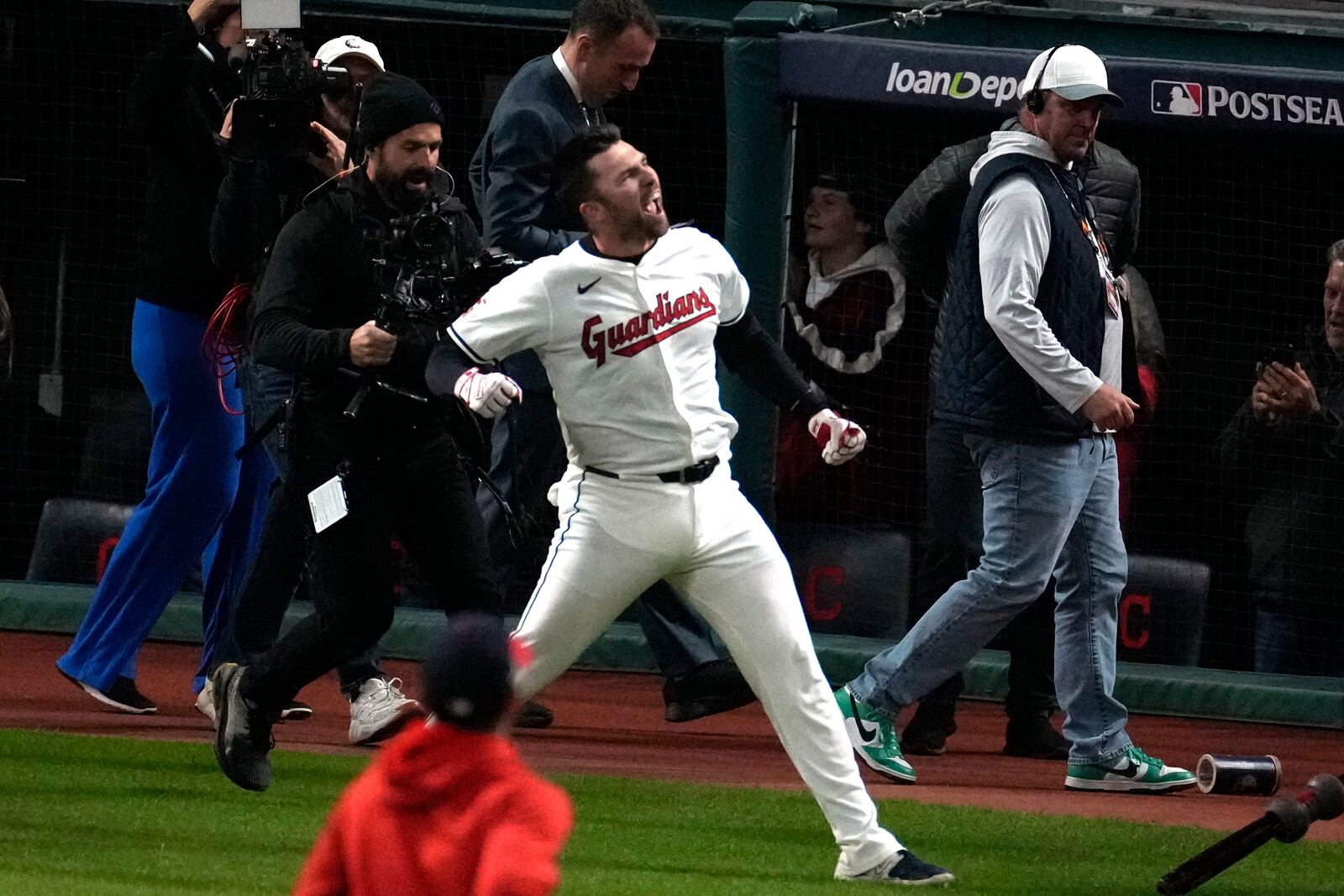 Cleveland Guardians' David Fry celebrates after hitting a game-winning two-run home run against the New York Yankees during the 10th inning in Game 3 of the baseball AL Championship Series Thursday, Oct. 17, 2024, in Cleveland. The Guardians won 7-5. (AP Photo/Sue Ogrocki)