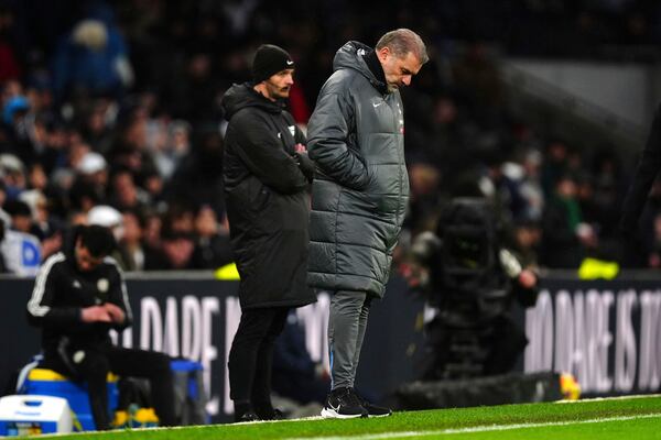 Tottenham Hotspur manager Ange Postecoglou reacts, during the English Premier League soccer match between Tottenham Hotspur and Leicester City, at Tottenham Hotspur Stadium, London, Sunday, Jan. 26, 2025. (Mike Egerton/PA via AP)