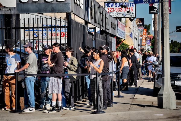 Anora movie fans line up at a merchandise Pop-Up event for recently released film Anora on Saturday, Nov. 9, 2024 in Los Angeles. (AP Photo/Richard Vogel)