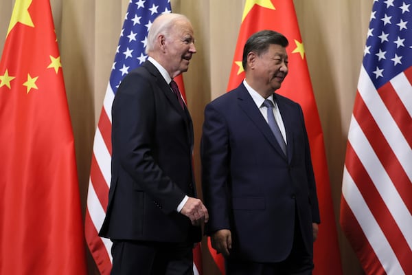 President Joe Biden and Chinese President Xi Jinping before a bilateral meeting, Saturday, Nov. 16, 2024, in Lima, Peru. (Leah Millis/Pool Photo via AP)