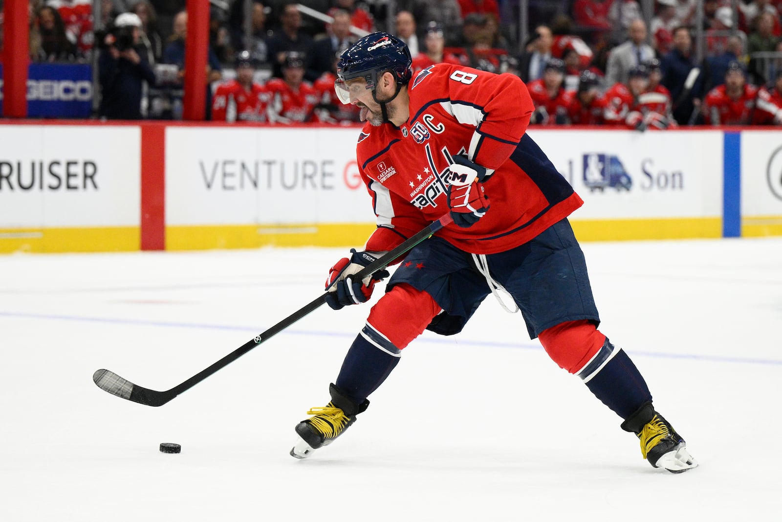 Washington Capitals left wing Alex Ovechkin (8) skates with the puck during the first period of an NHL hockey game against the Montreal Canadiens, Thursday, Oct. 31, 2024, in Washington. (AP Photo/Nick Wass)