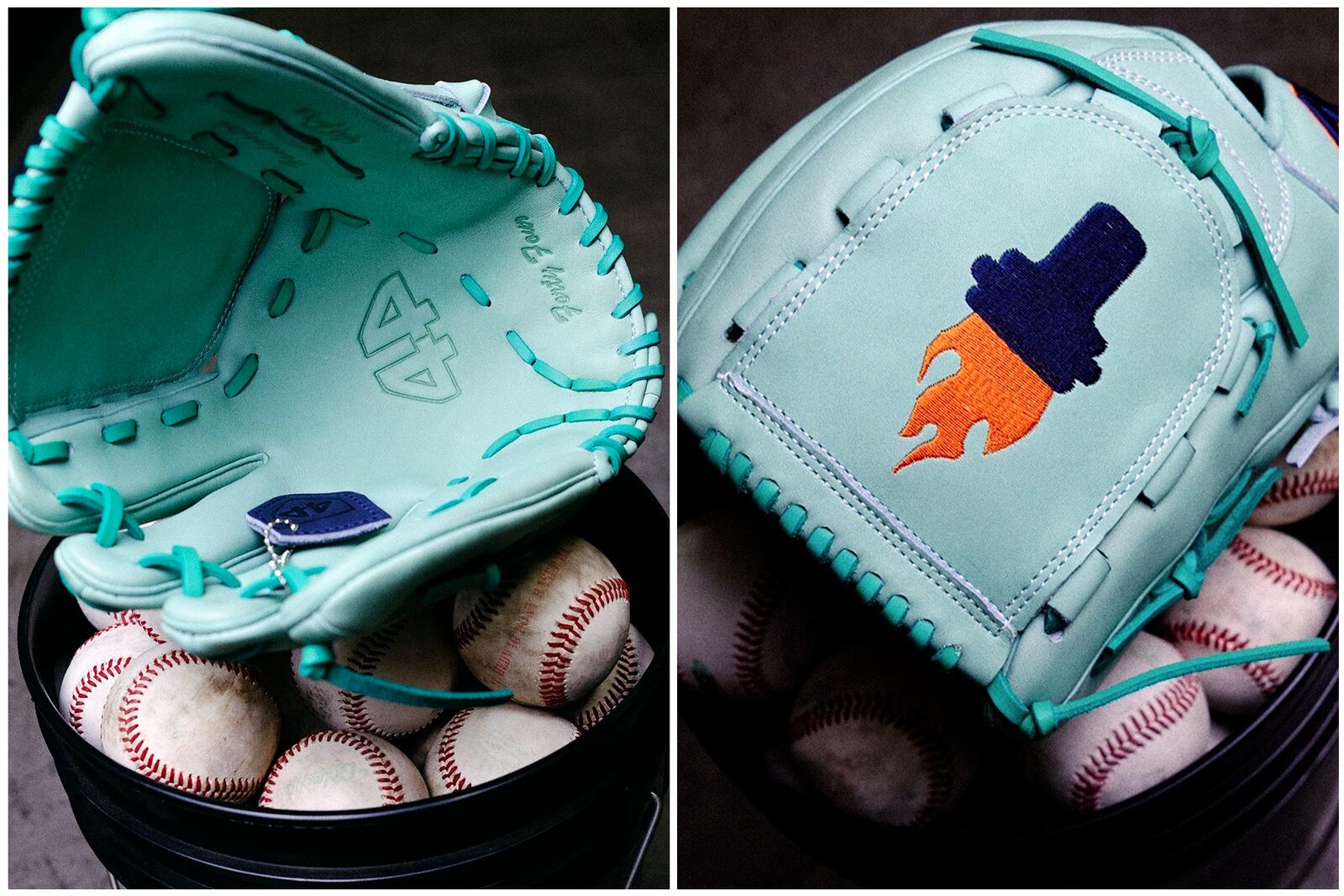 This combo of images provided by Brent Habert, shows New York Yankees' Nestor Cortes' mint-colored and torch design baseball glove. (Brent Habert via AP)