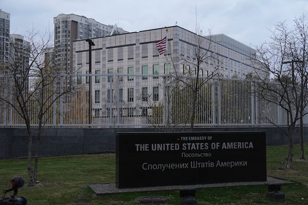 American flag waves in front of the U.S. Embassy in Kyiv, Ukraine, November 20, 2024. (AP Photo/Efrem Lukatsky)