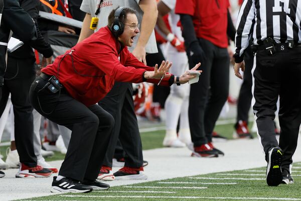 Indiana head coach Curt Cignetti shouts to his players during the second half of an NCAA college football game against Ohio State Saturday, Nov. 23, 2024, in Columbus, Ohio. (AP Photo/Jay LaPrete)