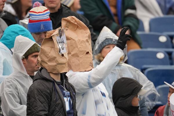 Tennessee Titans fans wear bags over their heads as they watch during the second half of an NFL football game against the Houston Texans Sunday, Jan. 5, 2025, in Nashville, Tenn. (AP Photo/George Walker IV)