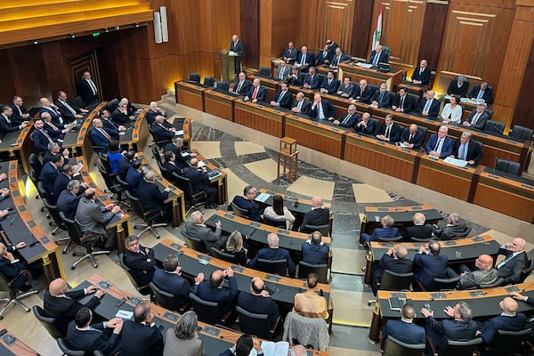 Lebanese lawmakers gather to elect a new president at the parliament building in downtown Beirut, Lebanon, Thursday, Jan. 9, 2025. (AP Photo/Hussein Malla)