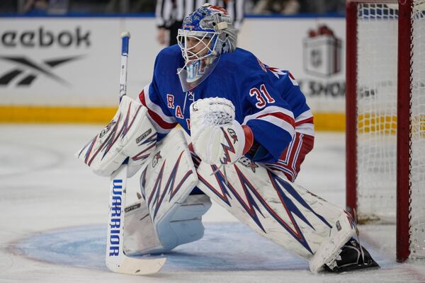 New York Rangers goaltender Igor Shesterkin protects the net during the first period of an NHL hockey game against the Chicago Blackhawks, Monday, Dec. 9, 2024, in New York. (AP Photo/Frank Franklin II)