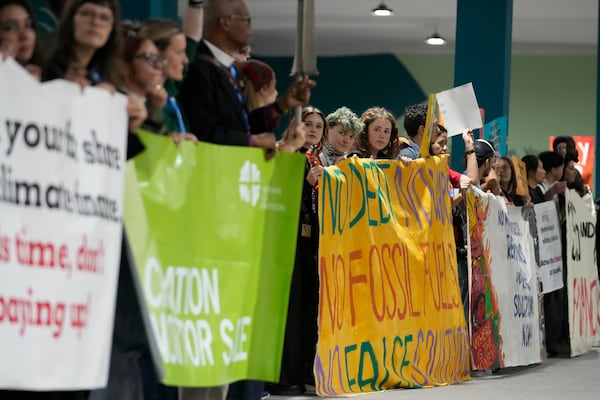 Activists participate in a demonstration during the COP29 U.N. Climate Summit, Saturday, Nov. 16, 2024, in Baku, Azerbaijan. (AP Photo/Rafiq Maqbool)