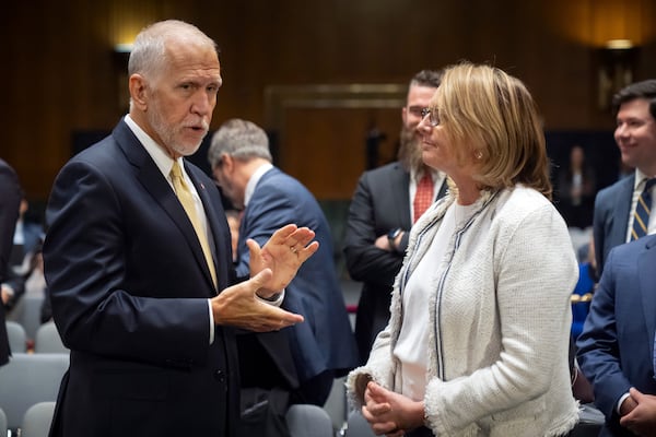 Sen. Thom Tillis, R-N.C., left, speaks with Federal Emergency Management Agency administrator Deanne Criswell before a hearing of the Senate Appropriations Committee on Capitol Hill, Wednesday, Nov. 20, 2024, in Washington. (AP Photo/Mark Schiefelbein)