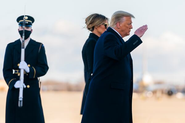 FILE - Deciding to skip President-elect Joe Biden's inauguration, outgoing President Donald Trump and first lady Melania Trump depart Washington en route to his Mar-a-Lago Florida Resort, at Andrews Air Force Base, Md., Jan. 20, 2021. (AP Photo/Manuel Balce Ceneta, File)