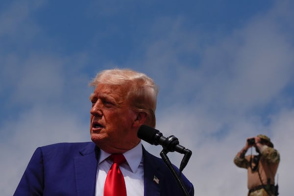 Republican presidential nominee former President Donald Trump speaks during a campaign rally at North Carolina Aviation Museum, Wednesday, Aug. 21, 2024, in Asheboro, N.C. (AP Photo/Julia Nikhinson)