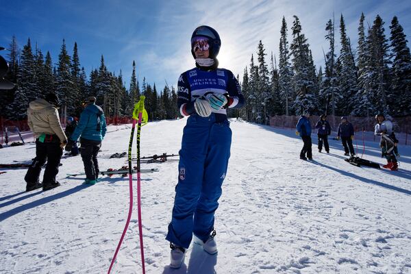 Lindsey Vonn prepares to be a forerunner at a women's World Cup downhill training run, Wednesday, Dec. 11, 2024, in Beaver Creek, Colo. (AP Photo/John Locher)