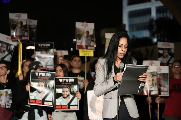 FILE - Einav Zangauker makes a statement about a Hamas video of her son, Israeli hostage Matan Zangauker, in Tel Aviv, Israel, Saturday, Dec. 7, 2024. (AP Photo/Mahmoud Illean, File)