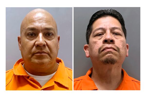 FILE - This combo of booking images provided by Uvalde County, Texas, Sheriff's Office, shows Pete Arredondo, left, the former police chief for schools in Uvalde, Texas, and Adrian Gonzales, a former police officer for schools in Uvalde, Texas. (Uvalde County Sheriff's Office via AP, file)